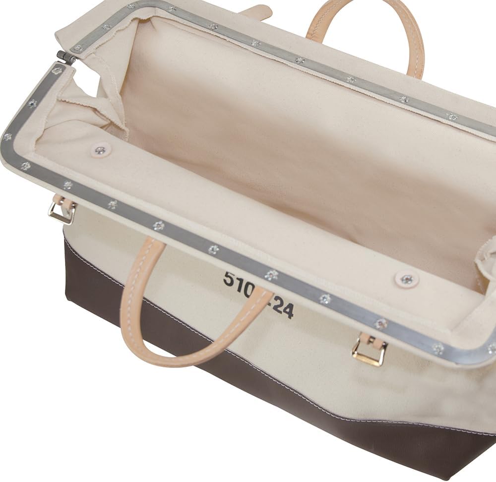 Klein Tools 5102-24 Heavy Duty Natural Canvas Tool Bag, Tool Tote, Multi-Purpose Bag with Wide Hinged Opening and Leather Handles, 24-Inch