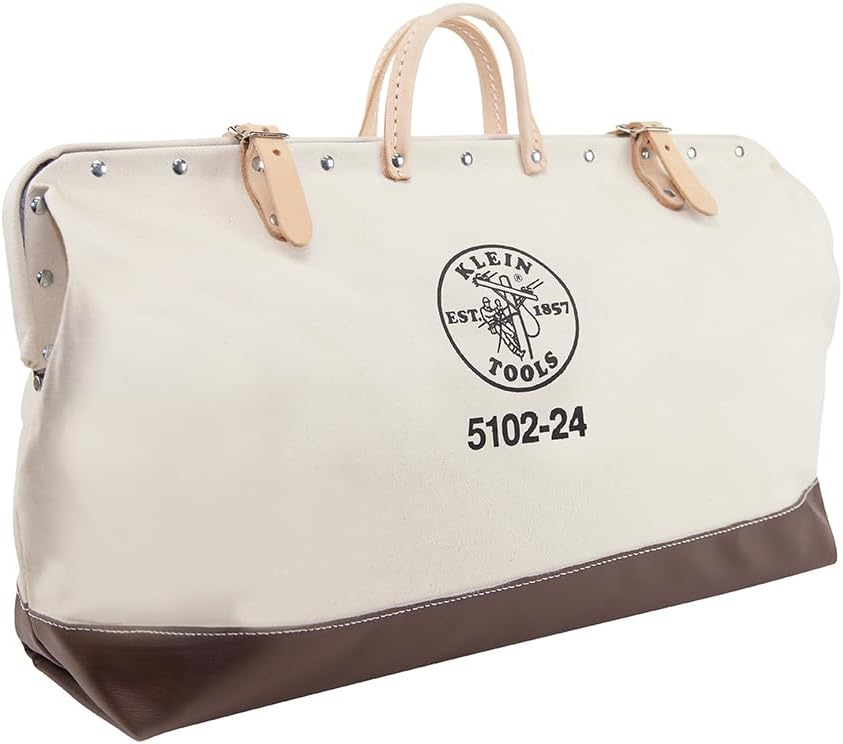 Klein Tools 5102-24 Heavy Duty Natural Canvas Tool Bag, Tool Tote, Multi-Purpose Bag with Wide Hinged Opening and Leather Handles, 24-Inch